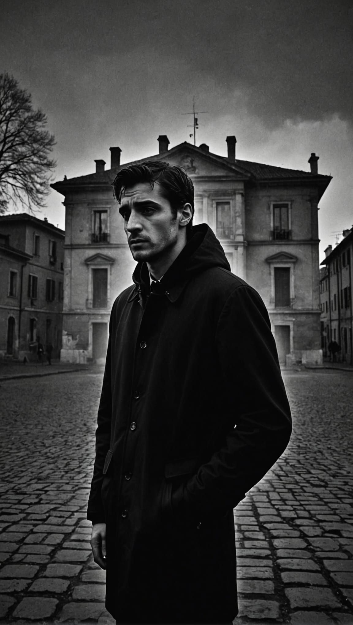 Sad Roma Man in Ominous Film Noir Scene
