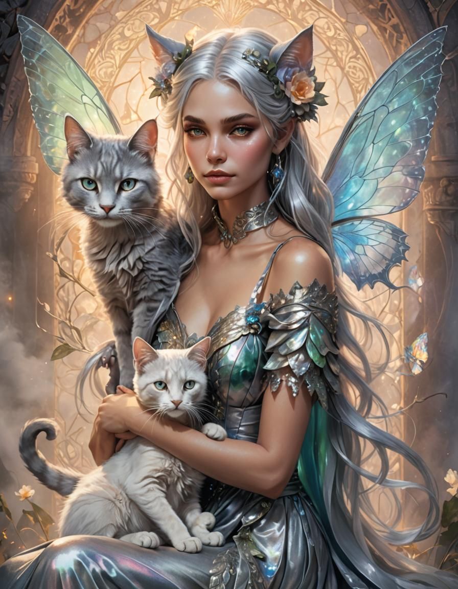Silver-Haired Fae Woman with Cat in Fantasy Art