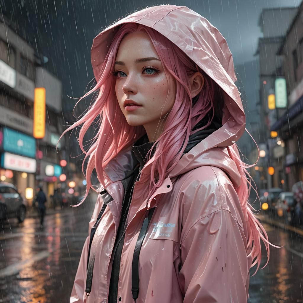 Anime Girl with Pink Hair in Rain Jacket