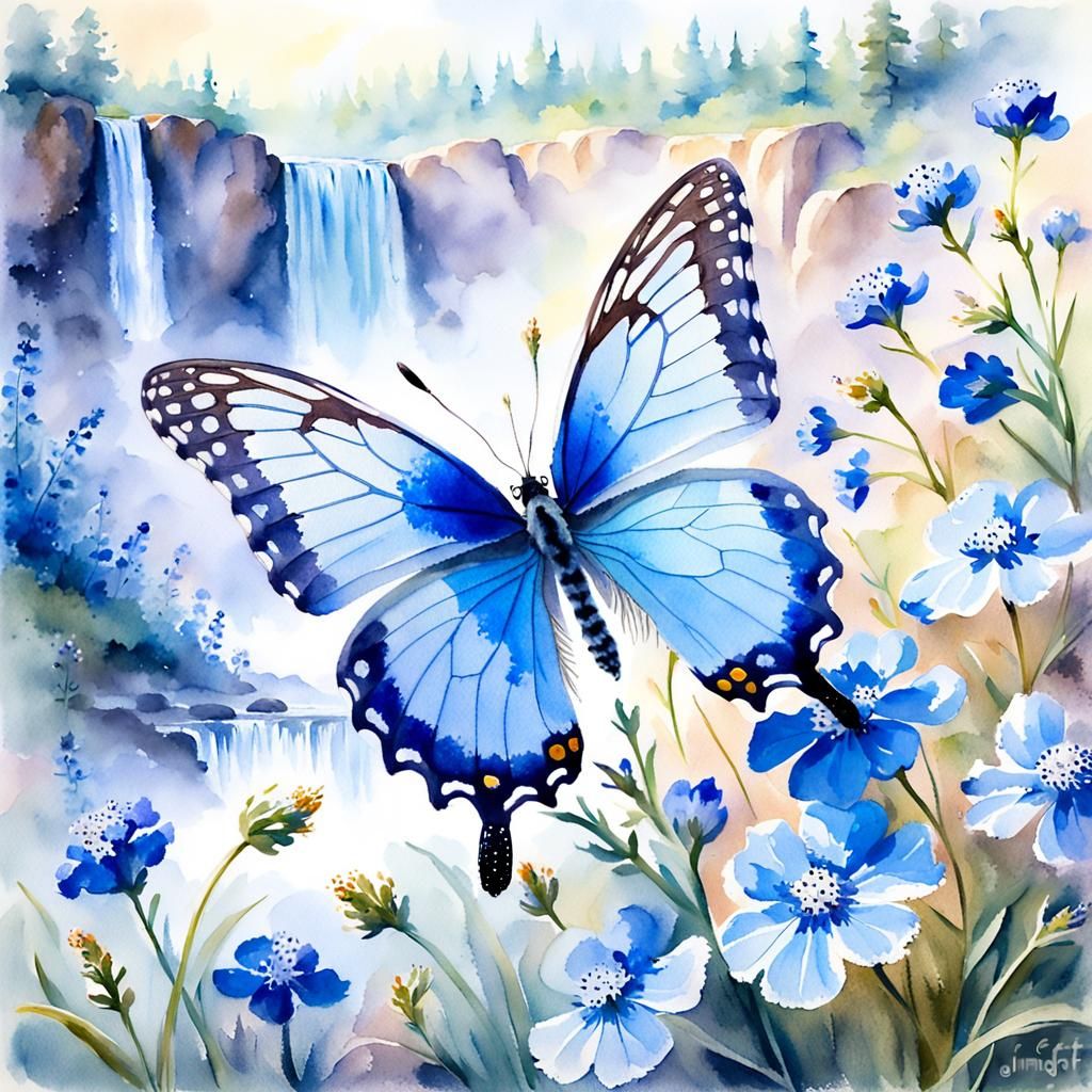 Fender's Blue Butterfly by Waterfall, Impressionistic Style
