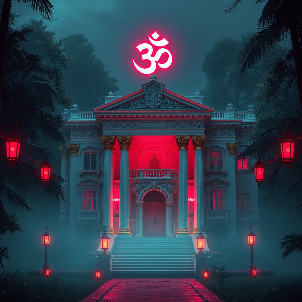 Majestic Marble Mansion in Synthwave Neon Forest