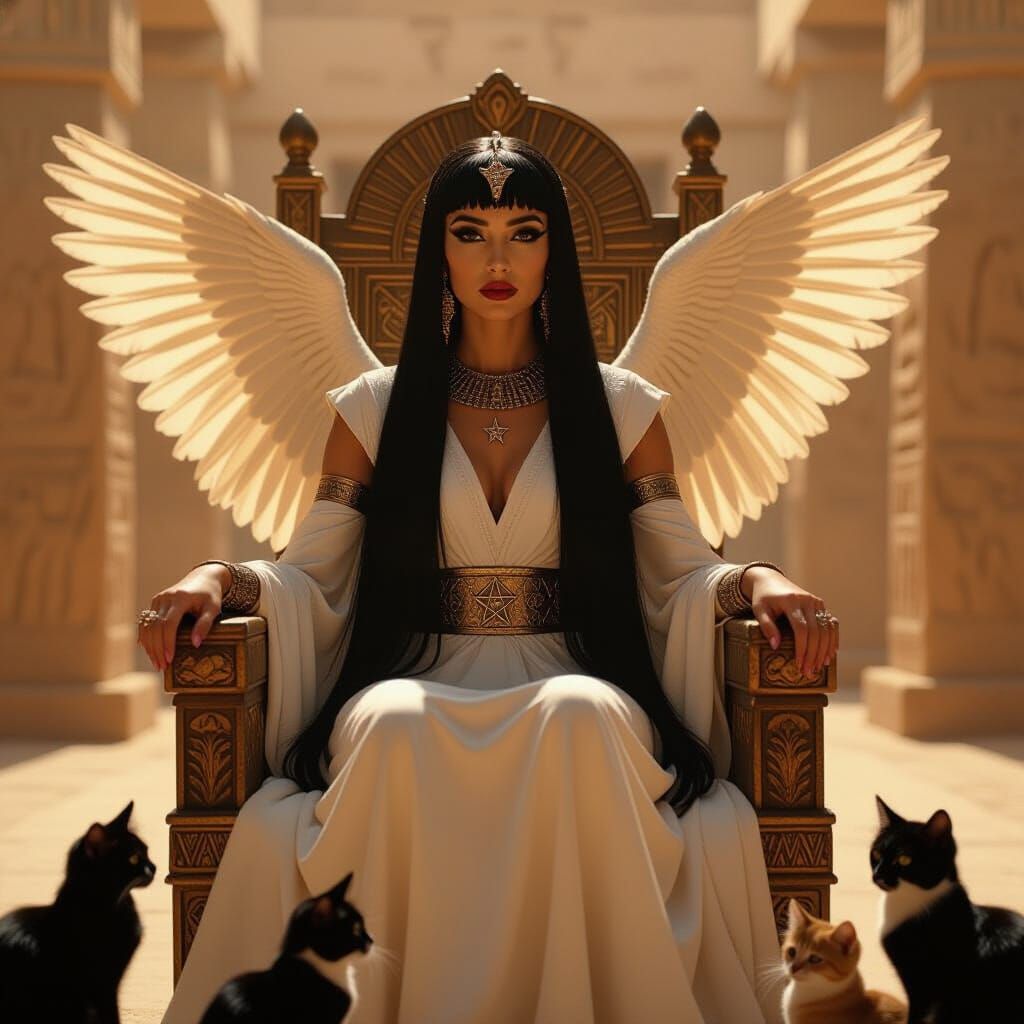 Egyptian Goddess on Throne with Cats, Cinematic Style