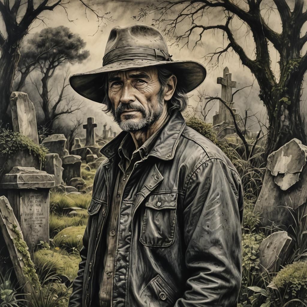 Detailed Charcoal Portrait in Overgrown Graveyard