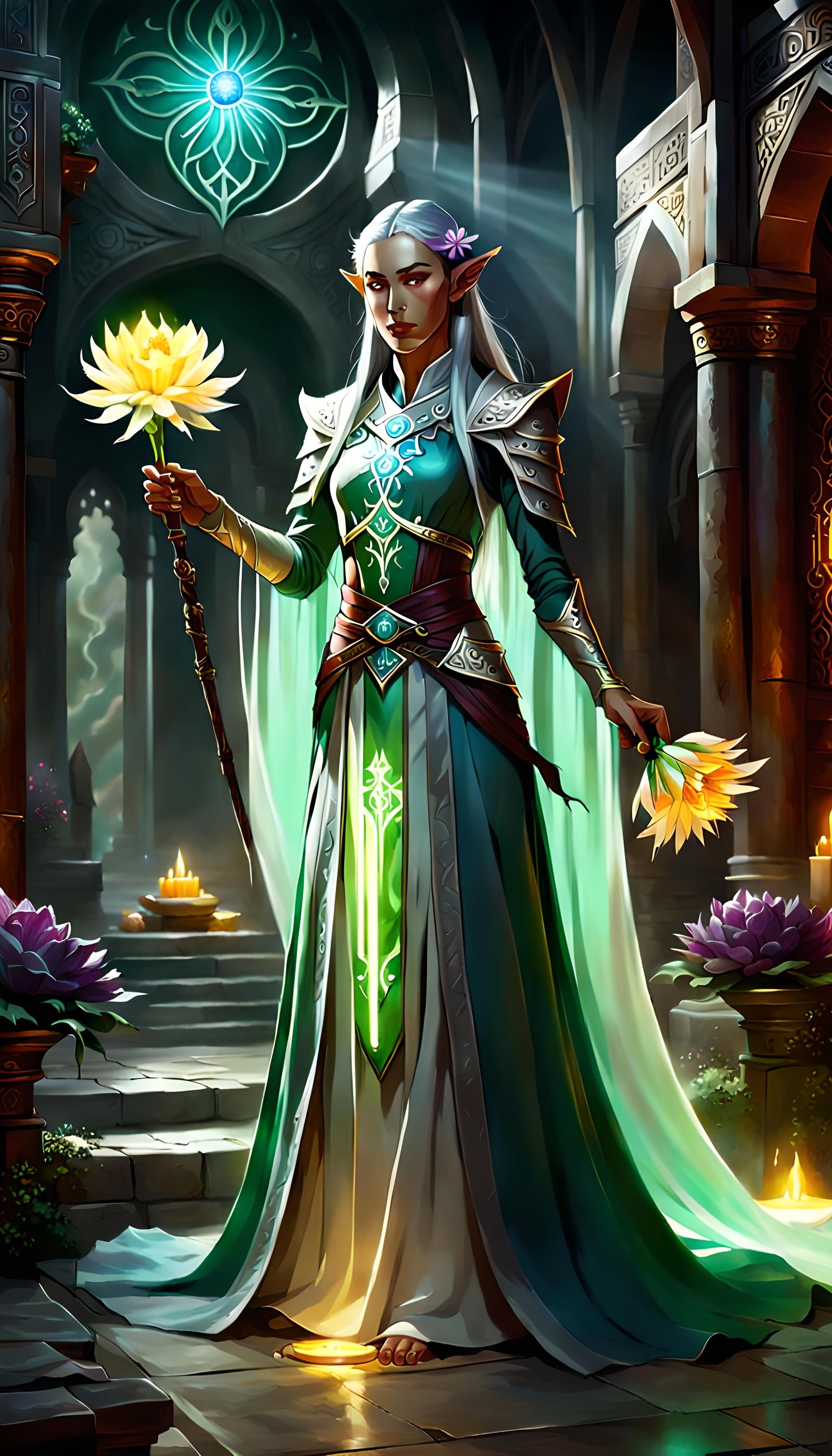Elven Priestess Heals in Temple Interior
