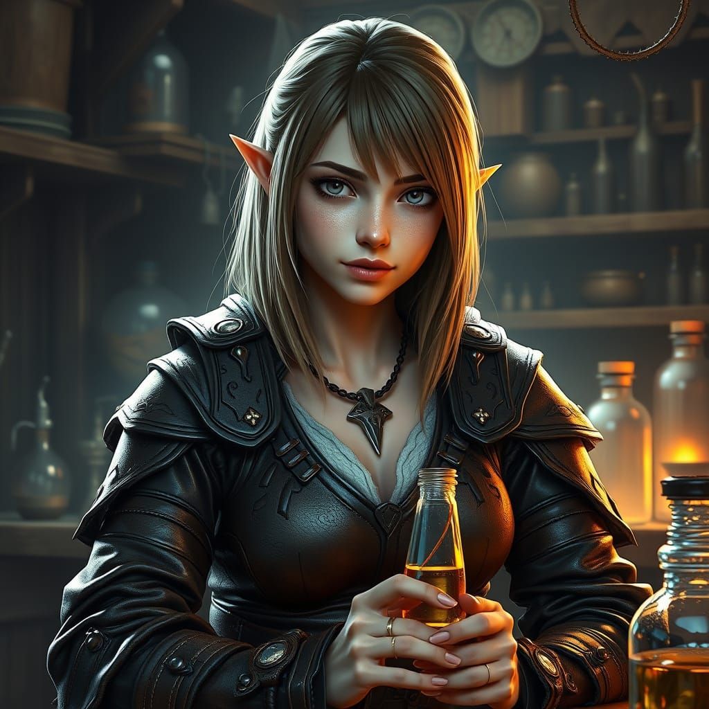 Half-Elf Artificer in Laboratory, Hyperrealistic Digital Art
