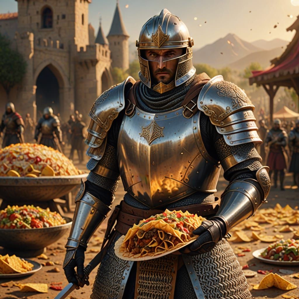 Knight Holds Giant Taco on Nacho Battlefield
