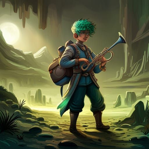 Small Green-Haired Man Plays Trumpet, Fantasy Art
