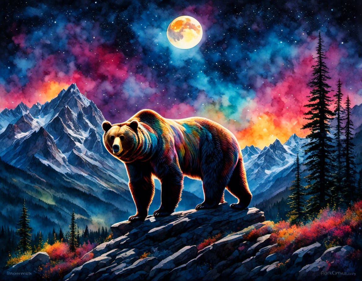 Colorful Watercolor Grizzly Bear Under Night Sky