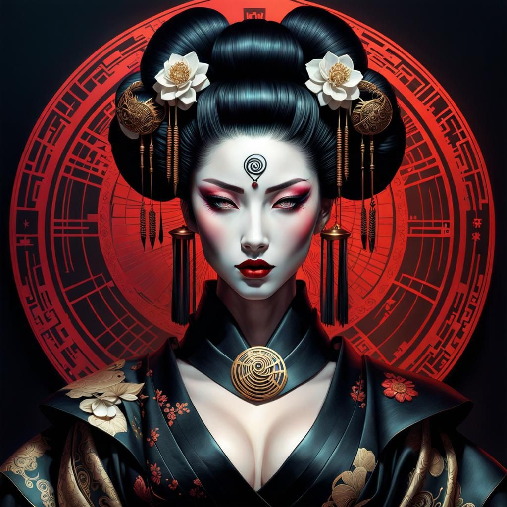 Cyberpunk Geisha Portrait with Astrological Chart