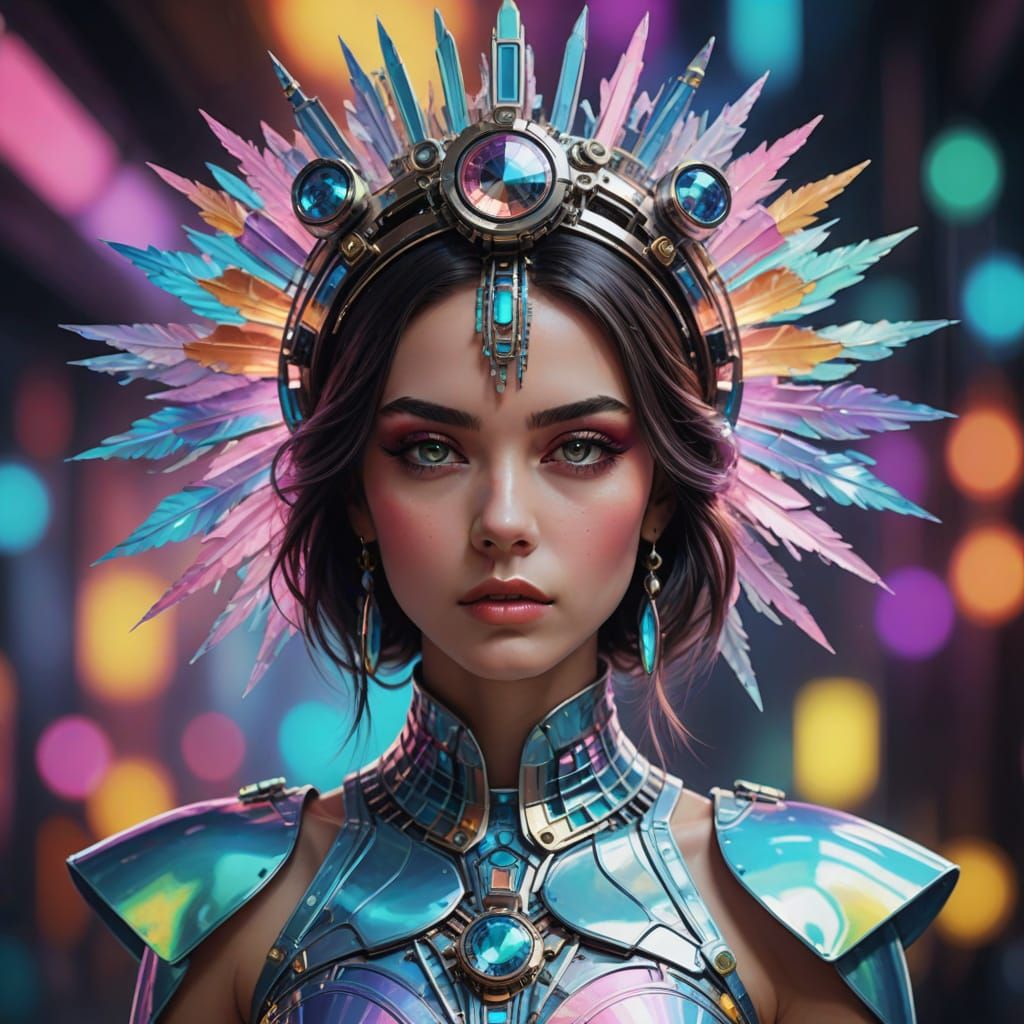Ethereal Pop Princess in Iridescent Futuristic Attire