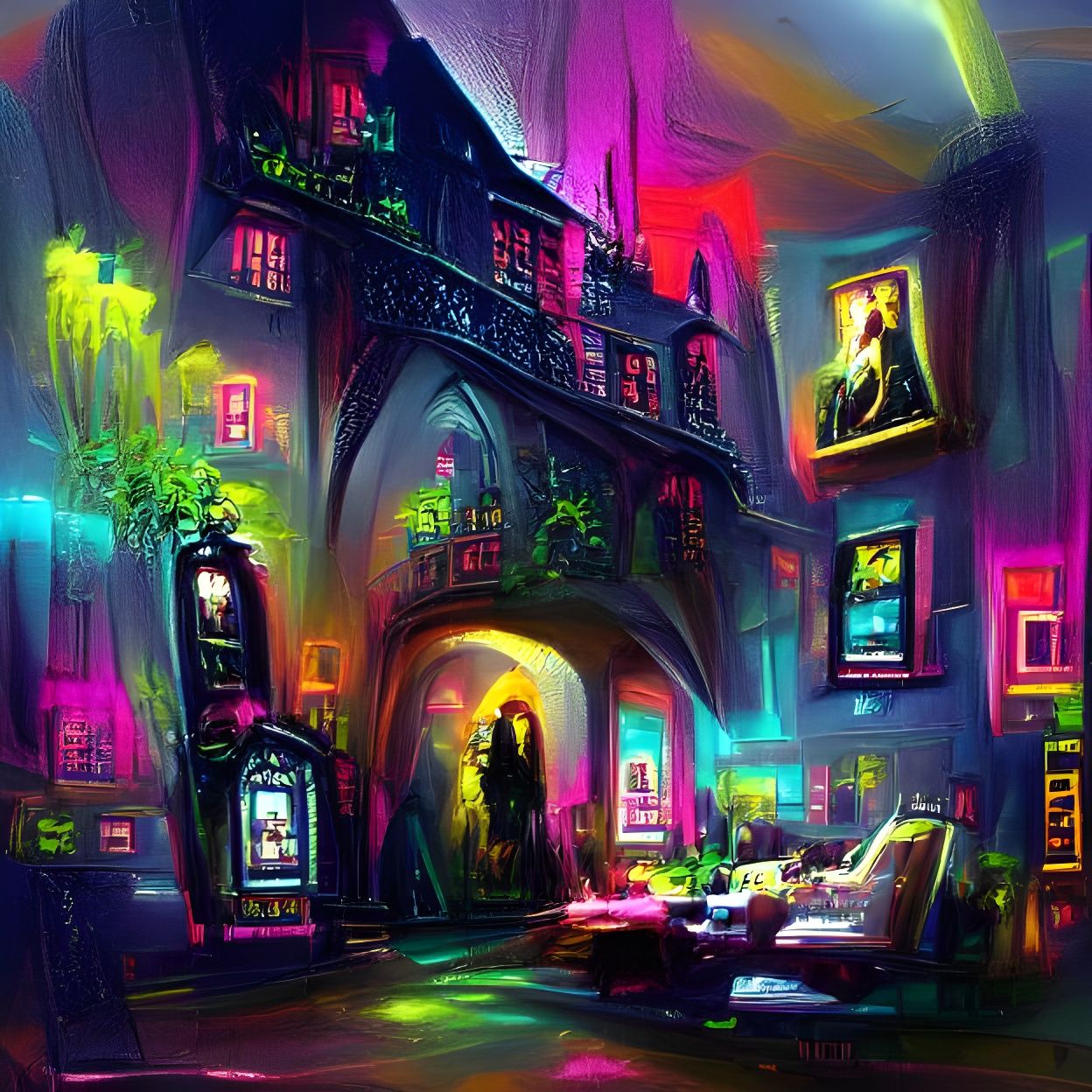 Gothic Manor in Film Noir Neon Glow