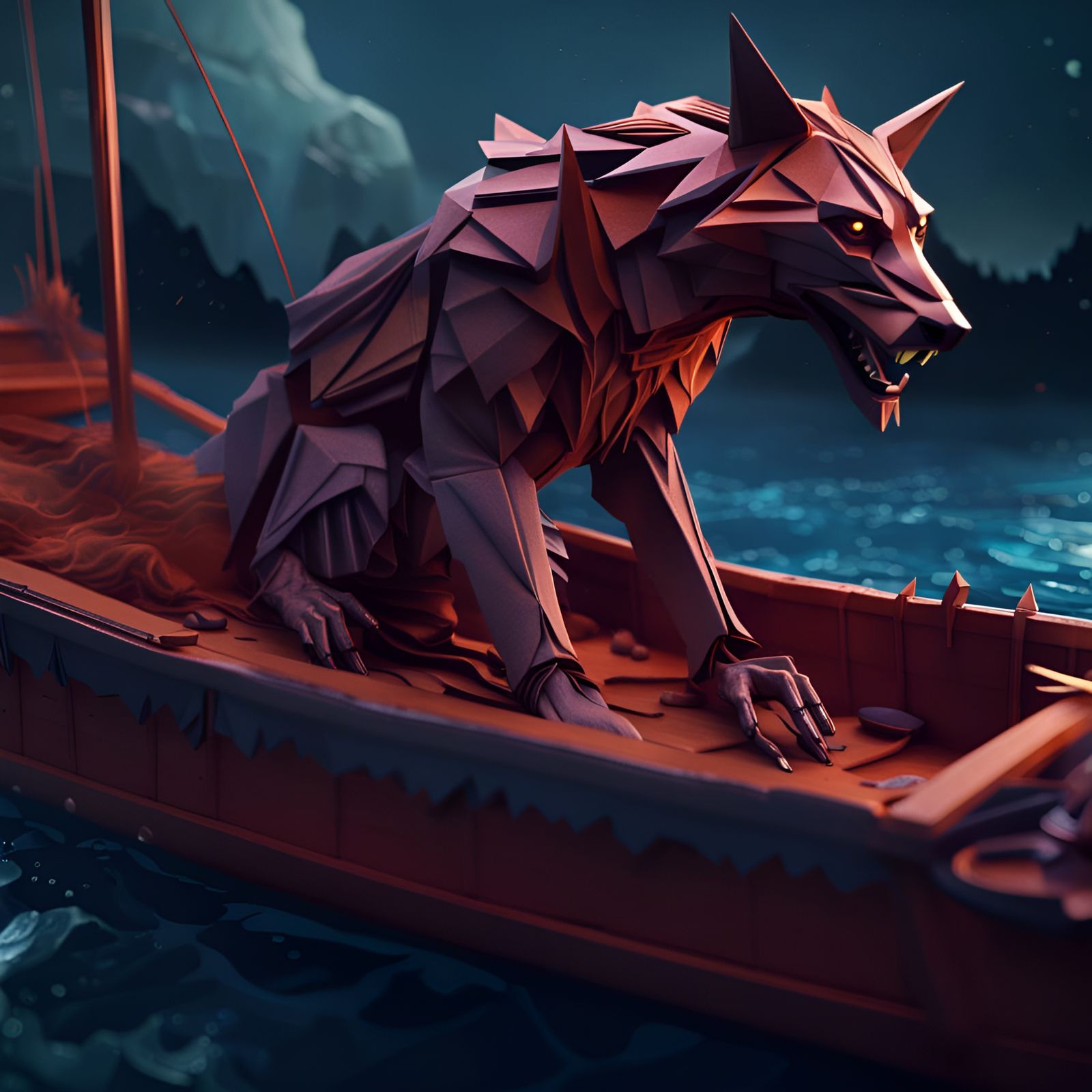 Origami Werewolf on a Boat: Detailed Matte Painting
