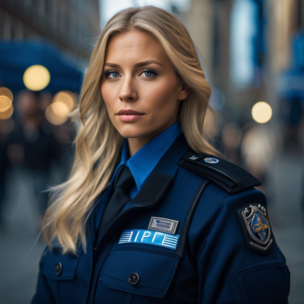 Beautiful Swedish Policewoman in Hyperrealistic Cityscape