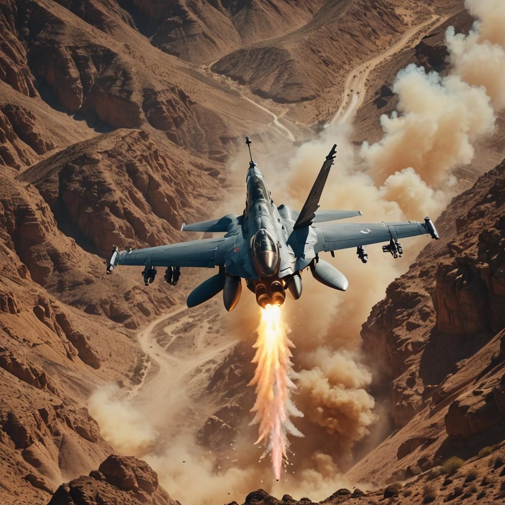 F-16 Jet Bombing Rebel Camp in Desert Canyon
