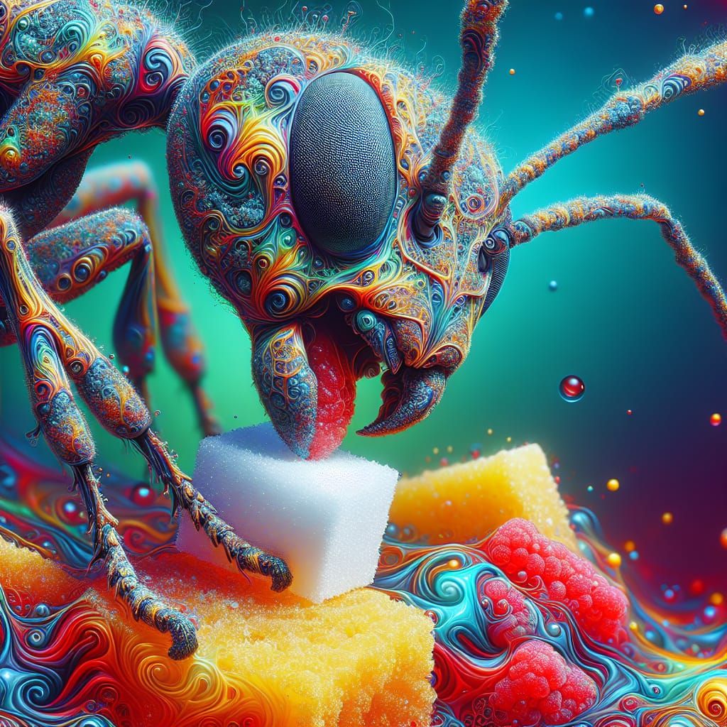 Vivid, ant, the ant eats sugar, magnified in minute detail, captured microscopically, with the precision of macro photog...