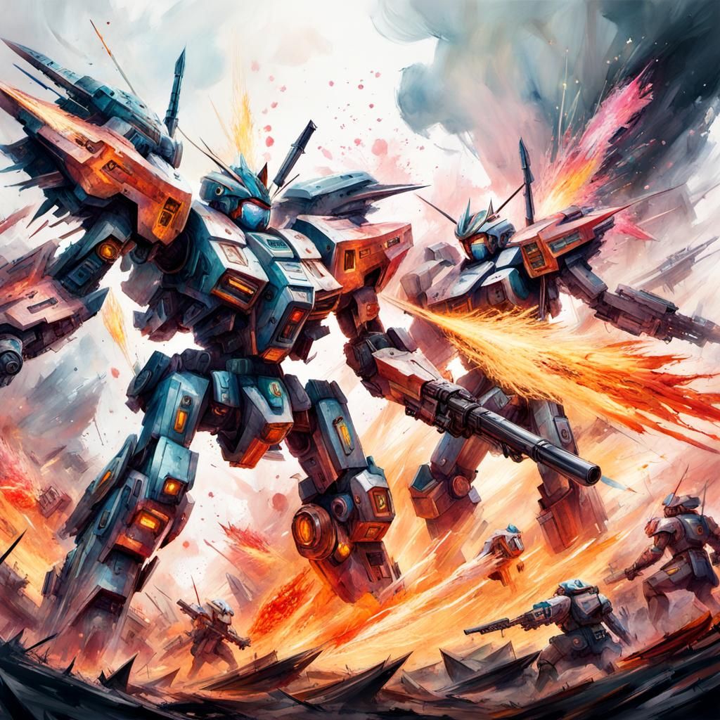 Intense Mecha Battle in Stylized Watercolor Art