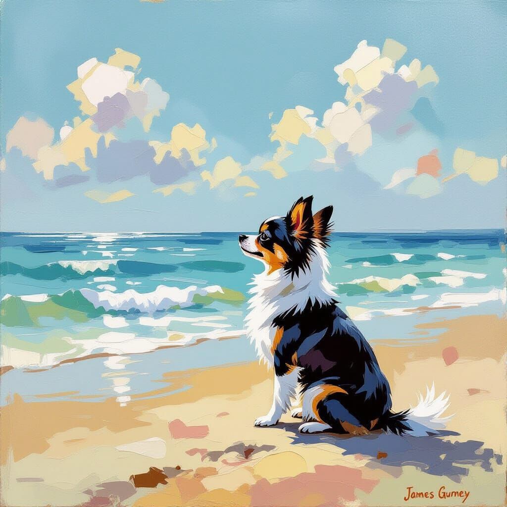 Chihuahua Gazing at Sea: Neo-Impressionistic Oil Painting