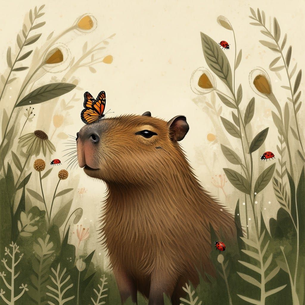 Capybara with Butterfly in Whimsical Folk Art Meadow