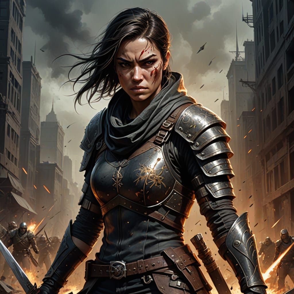 Fierce Female Warrior with Blades in Gritty Style