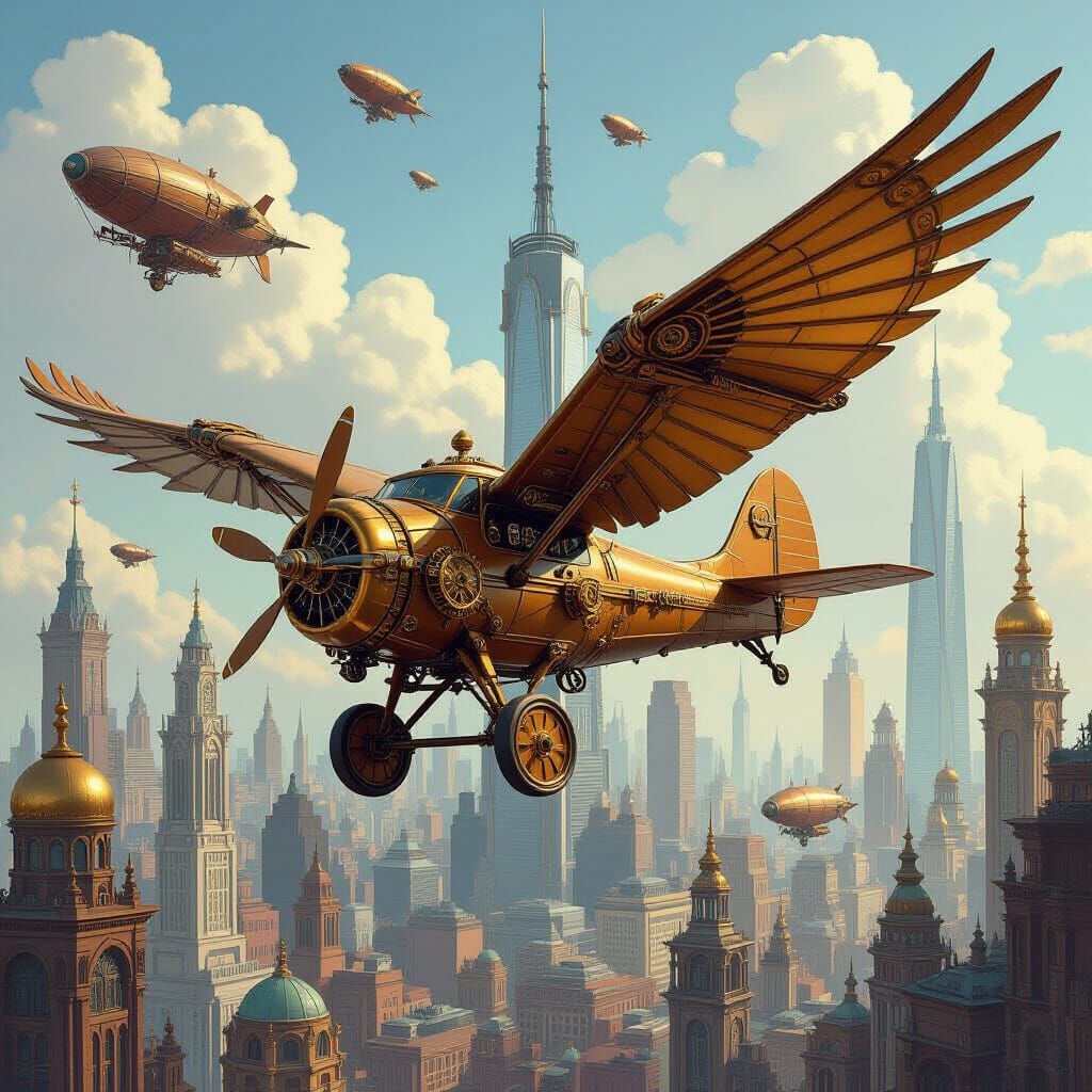 Steampunk Ornithopter Soaring Through Metropolis in Vintage ...
