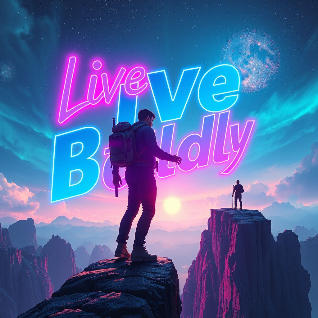 Adventurer at Neon Cliff with 'Live Boldly' Typography