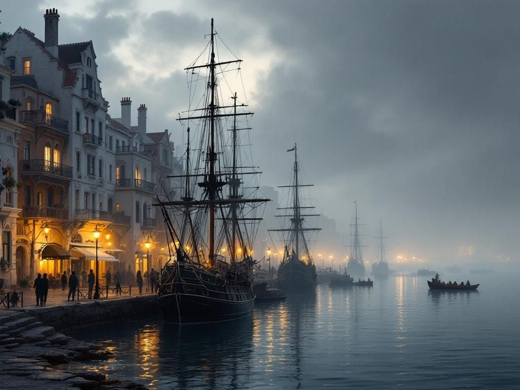 Historic Harbor Scene at Twilight with Sailing Vessels