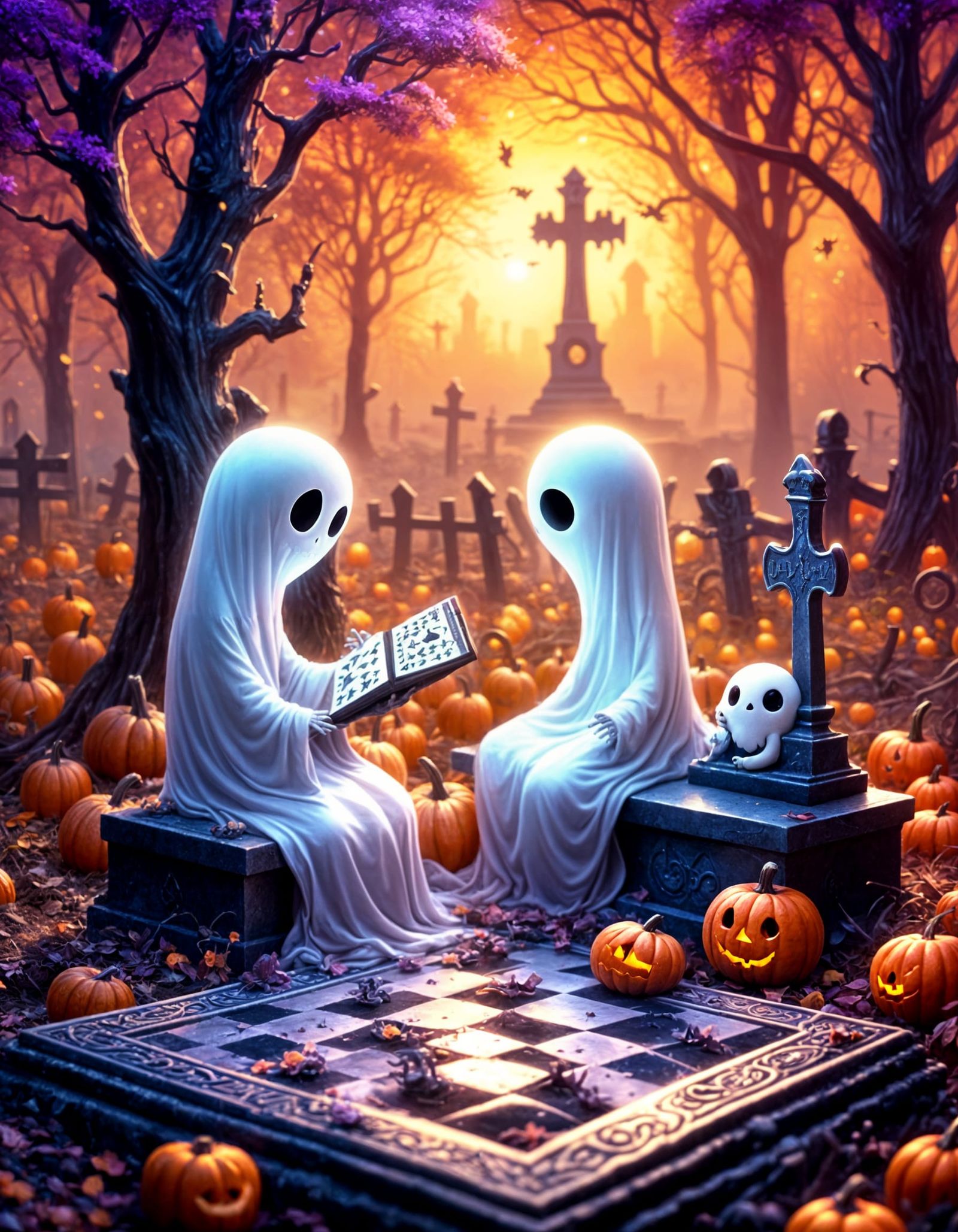 Cute Ghost and Skeleton Play Checkers