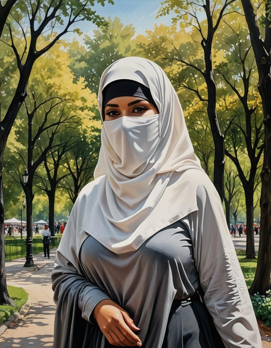 Confident Woman in Niqab in City Park Painting