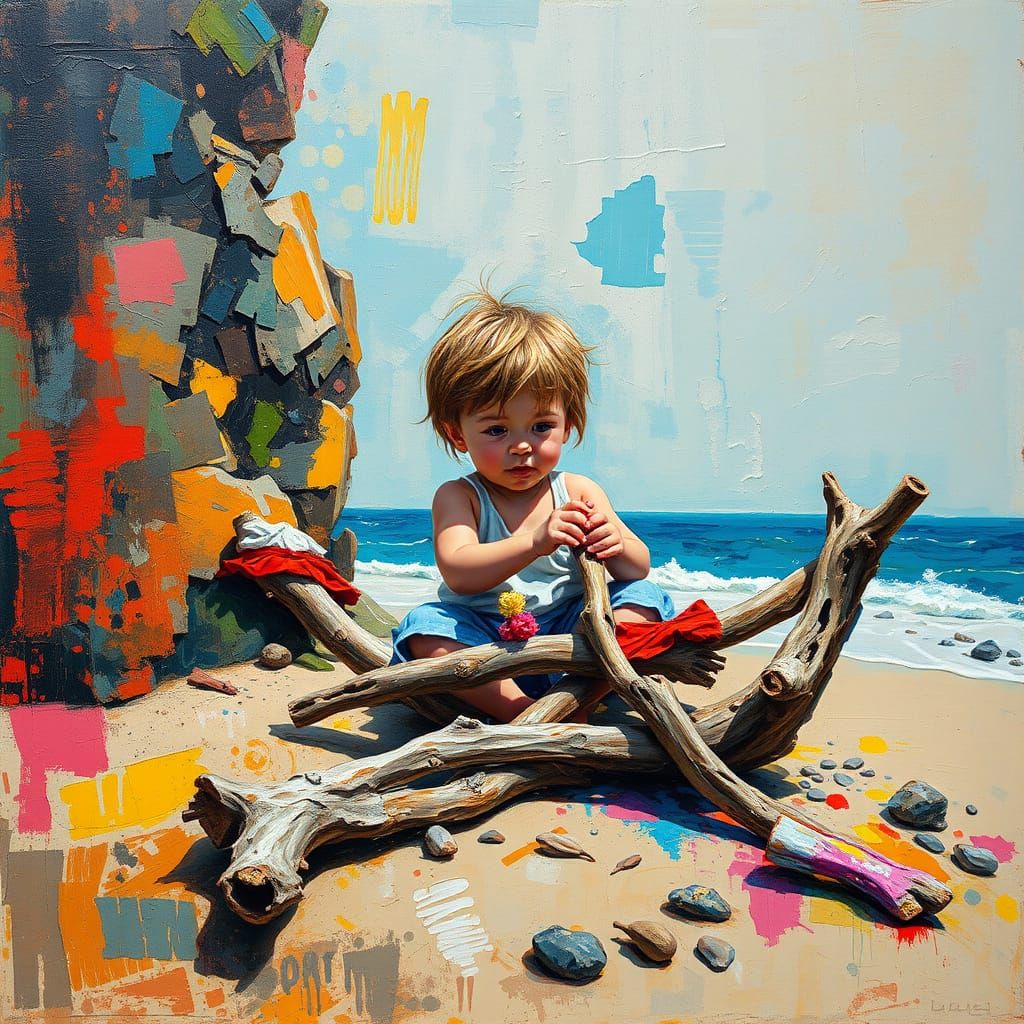 Intricate Driftwood Raft by a Curious Child in a Dreamlike B...