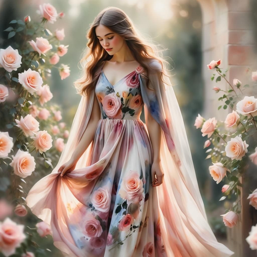 Woman Creates Roses: Dreamy Watercolor Portrait