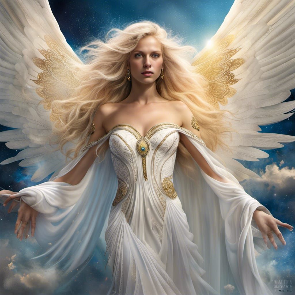 Photorealistic Angel with White Wings in Heaven