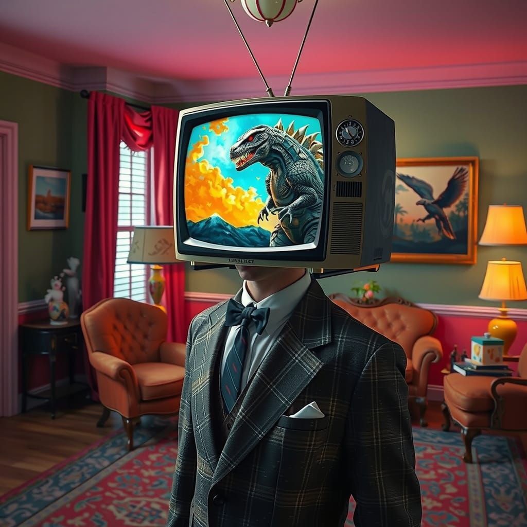 Man with TV Head in 1950s Home, Cinematic 3D Render