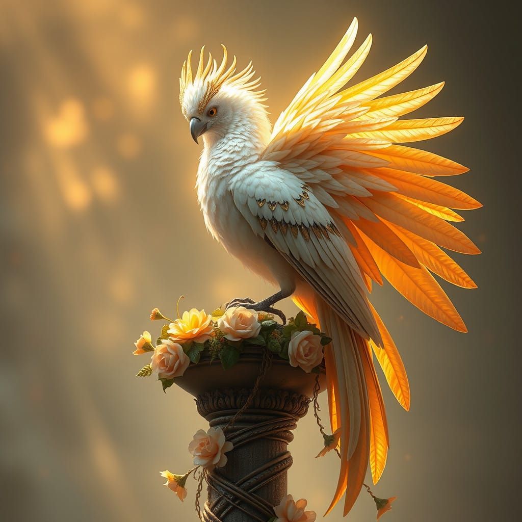 Enchanted Paradise Bird on a Floral Column, Radiant in Soft,...