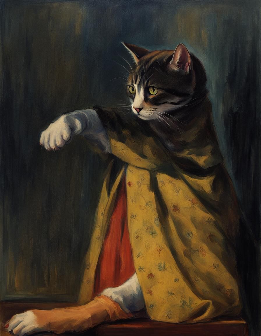 Anthropomorphic Cat Examines Paw