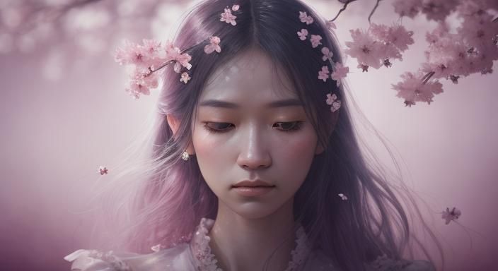 Ethereal Crystal Sakura Flower Portrait in Surreal Style