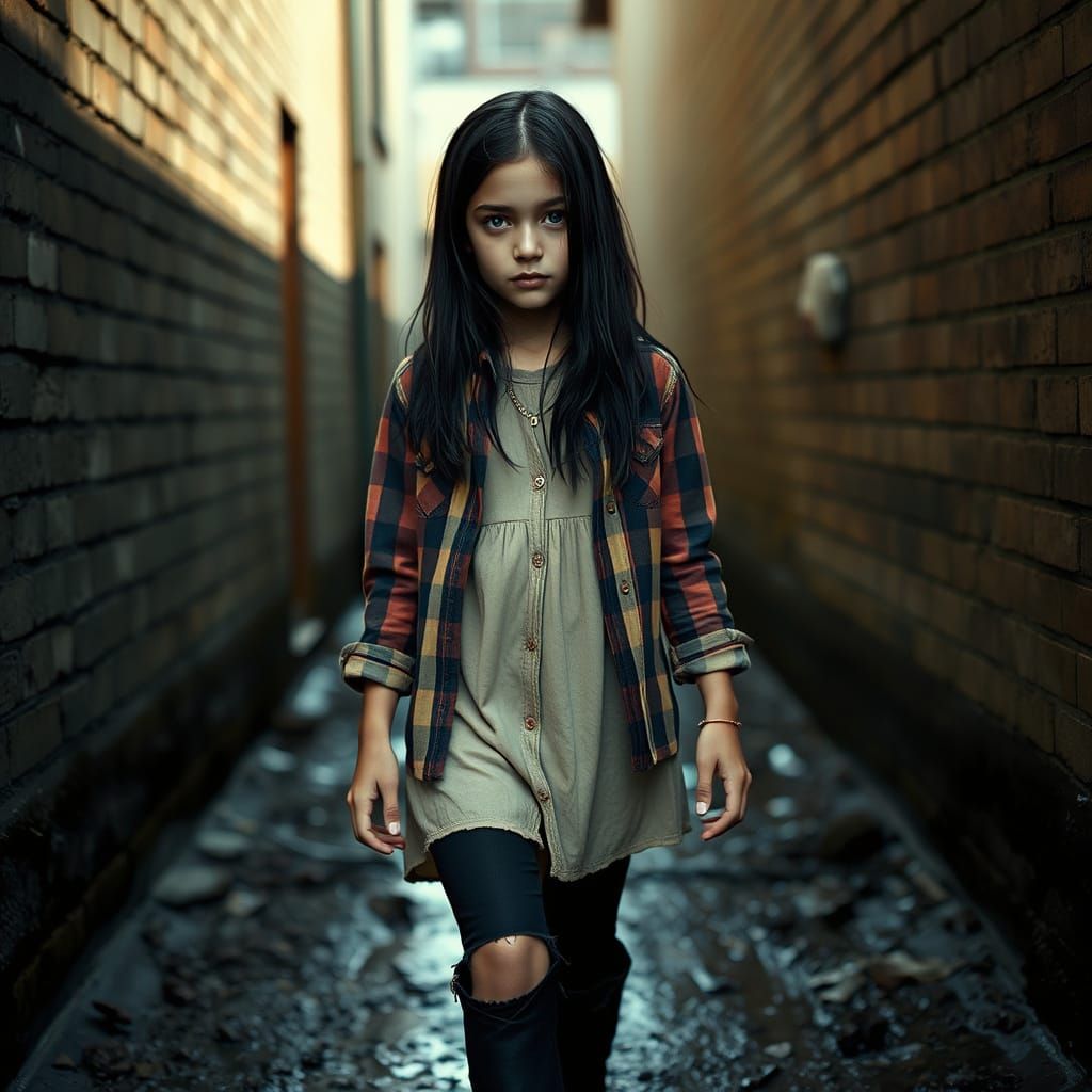 Gritty Cinematic Portrait of Young Girl in Alleyway