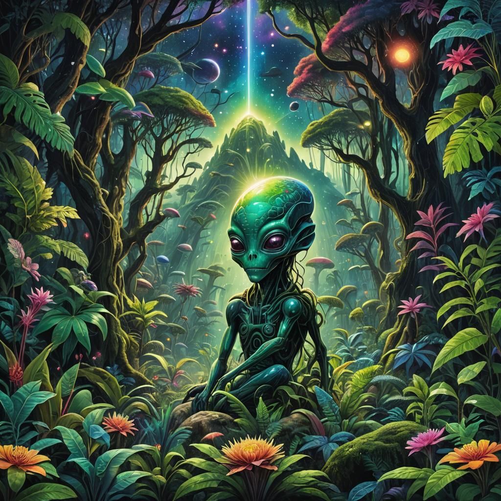 Holographic Alien Rainforest Illustration in 8k