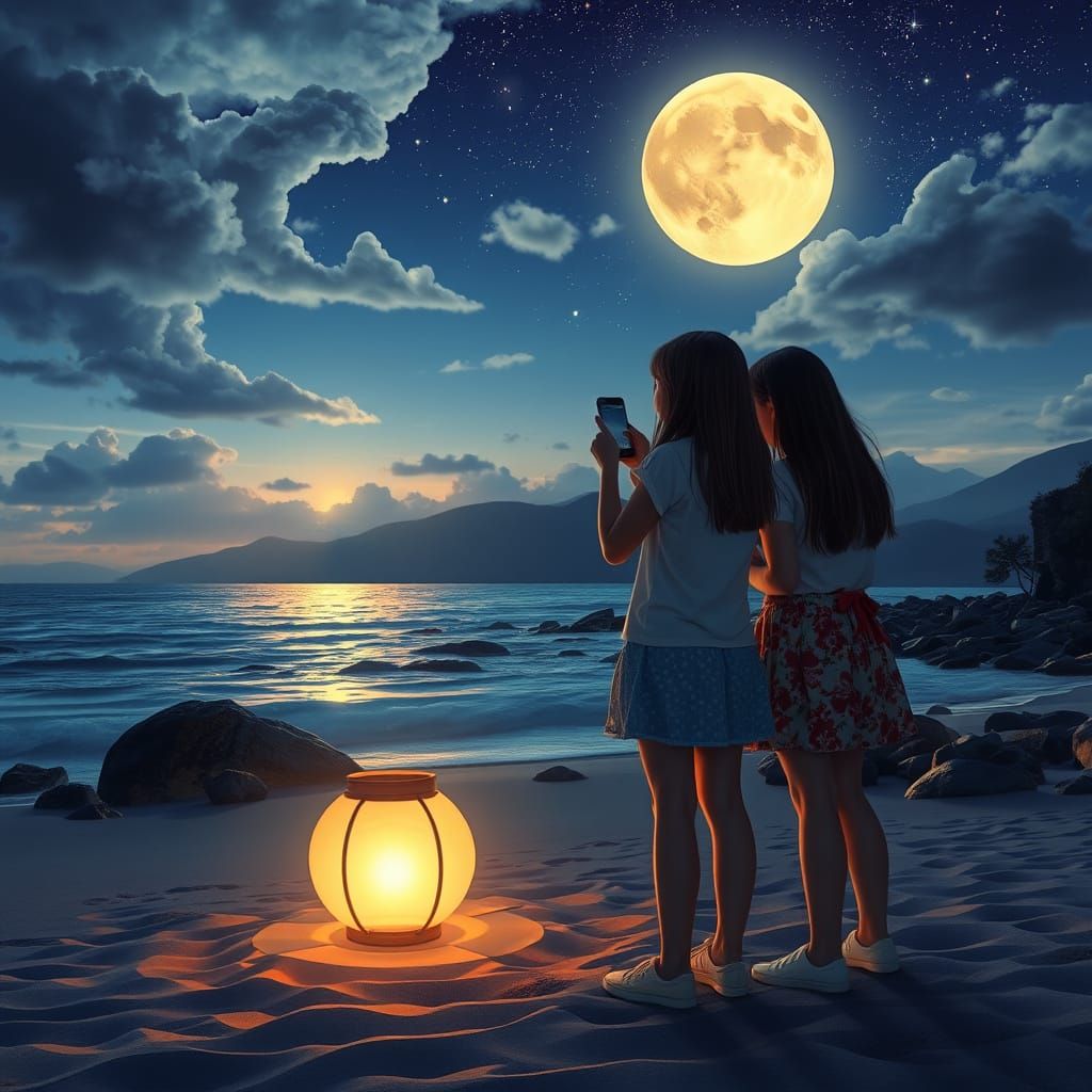 Girls, Lantern, and Moonlit Beach at Twilight