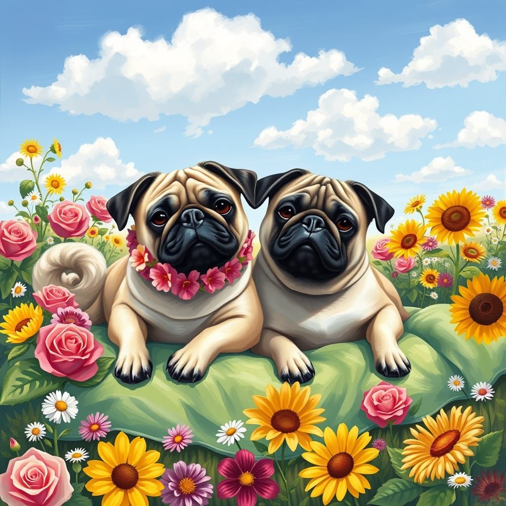 French Impressionist Pugs Bask in Blooming Garden Serenity