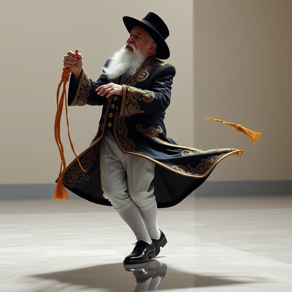 Elderly Hasidic Man Dances in Resplendent Black Suit with Go...