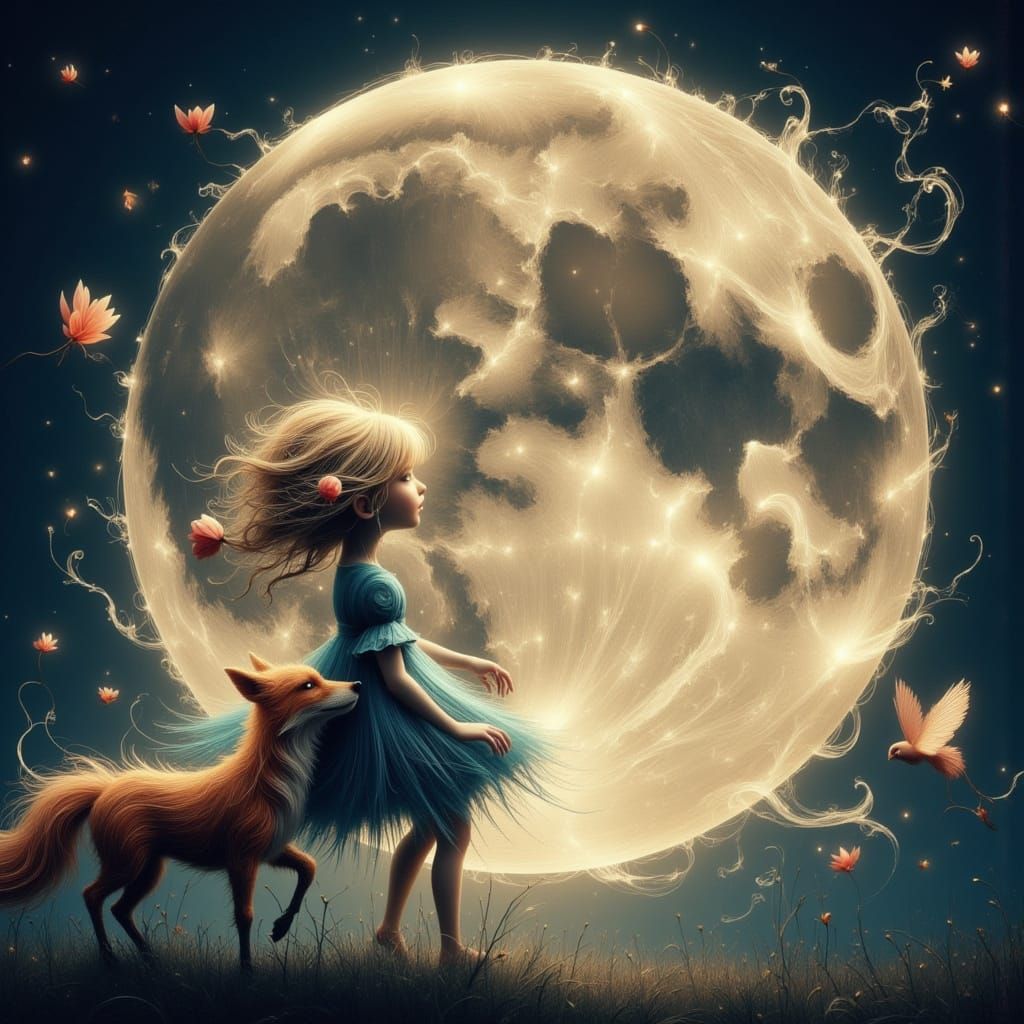Boy and Fox on Moon with Red Rose