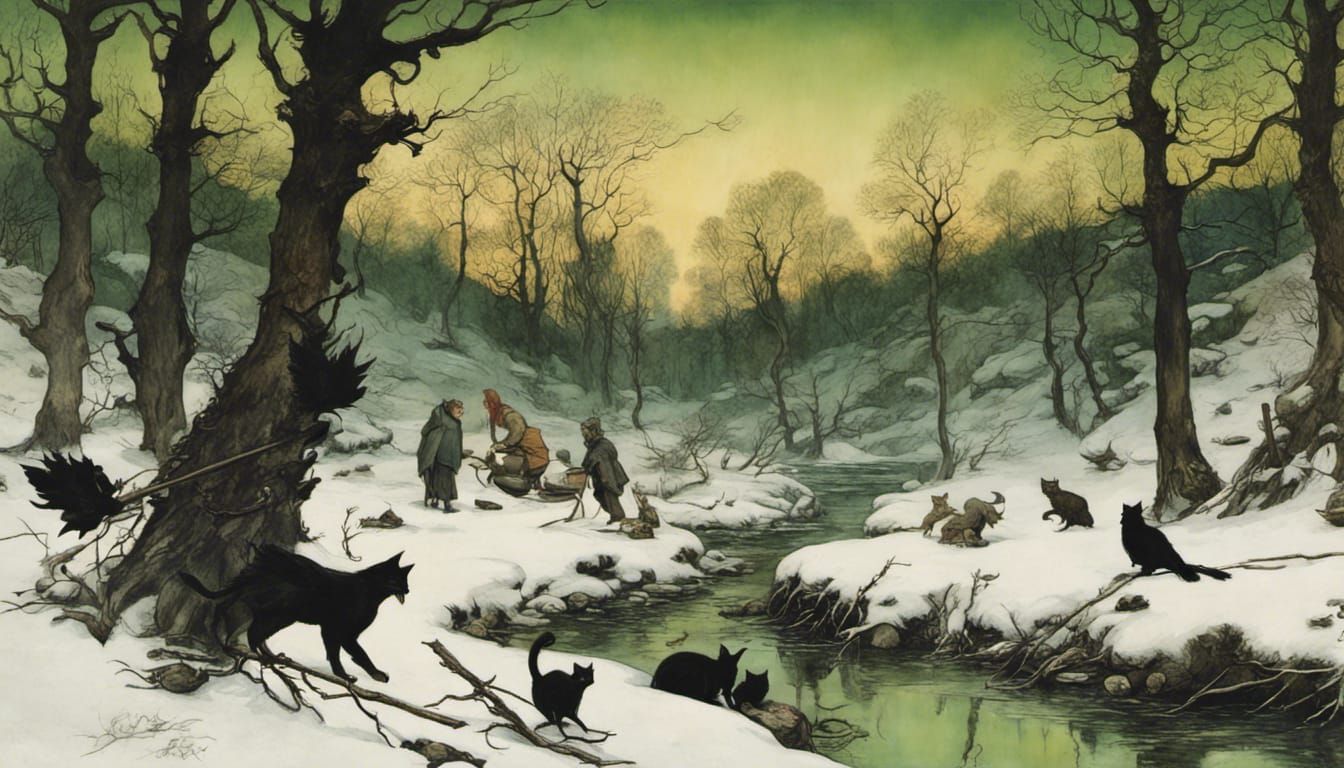 Winter Witches Coven with Cats, Hyperrealistic Style