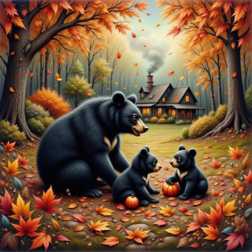 Baby Bears Play in Autumn Leaves Near Cozy Cottage