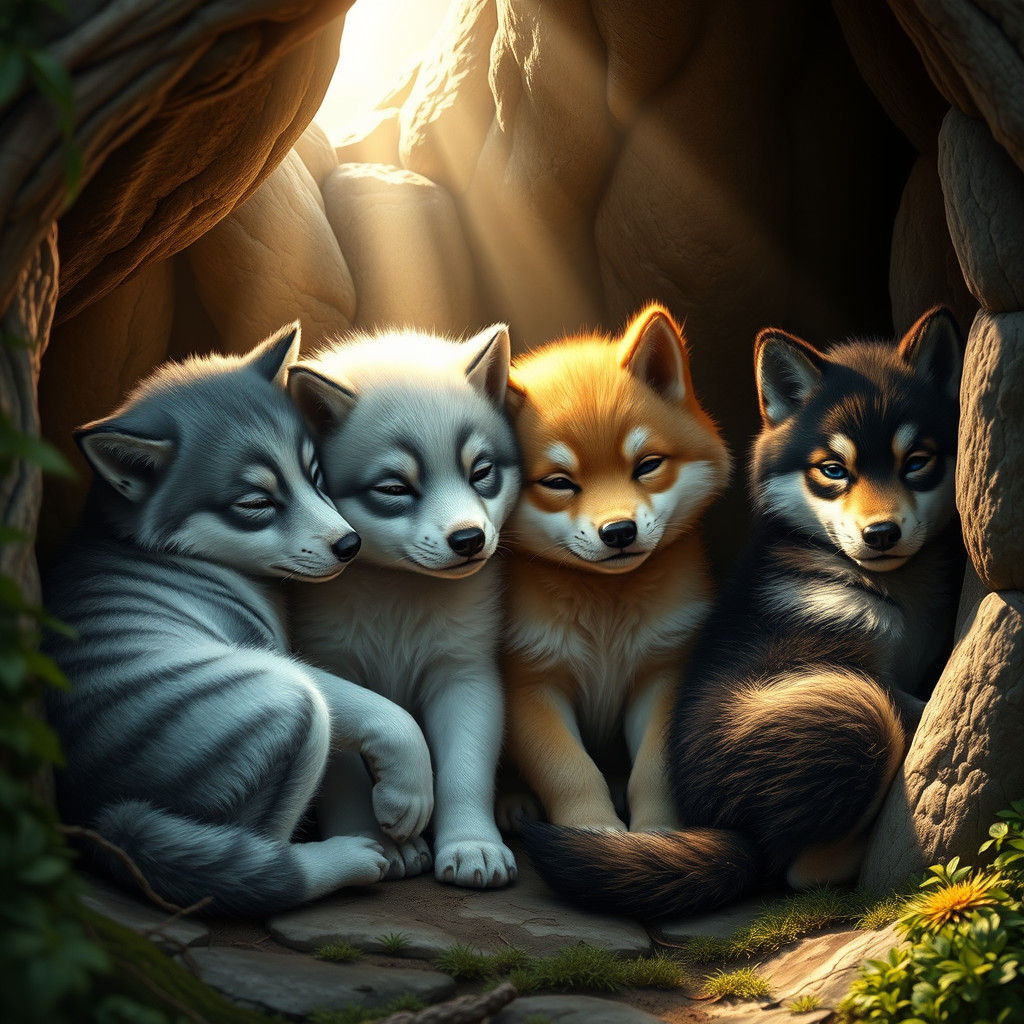 Adorable Fluffy Wolf Pups in Cozy Den