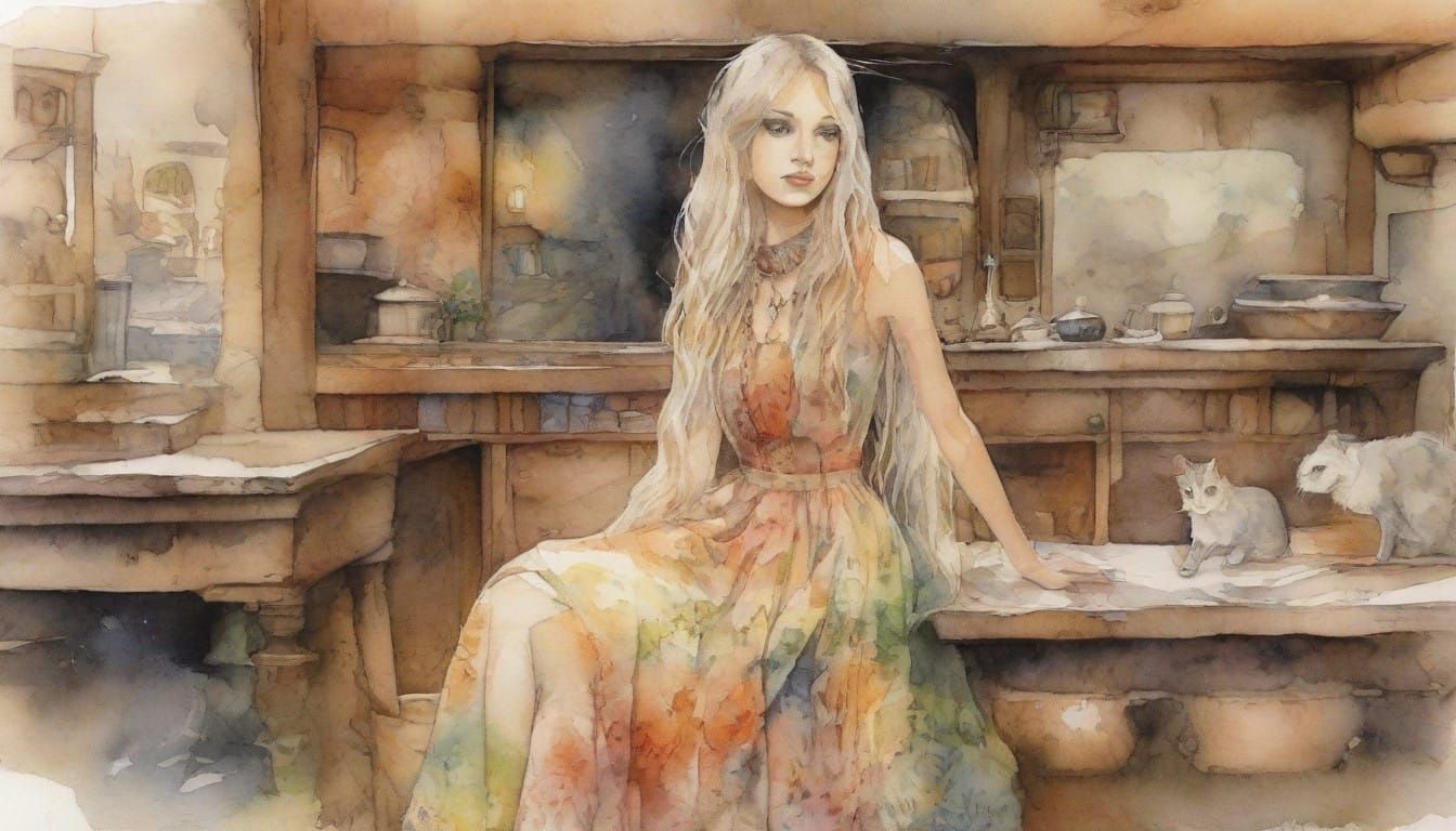Whimsical Fantasy Watercolor Painting of Young Woman in Bohe...