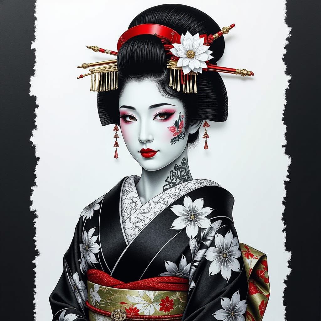 Tattooed Geisha Portrait Crafted from Paper, Charcoal Drawin...
