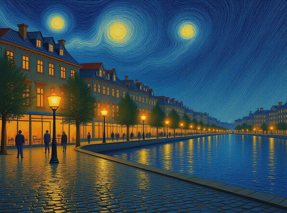 Rainy Cityscape Promenade in Impressionist Style