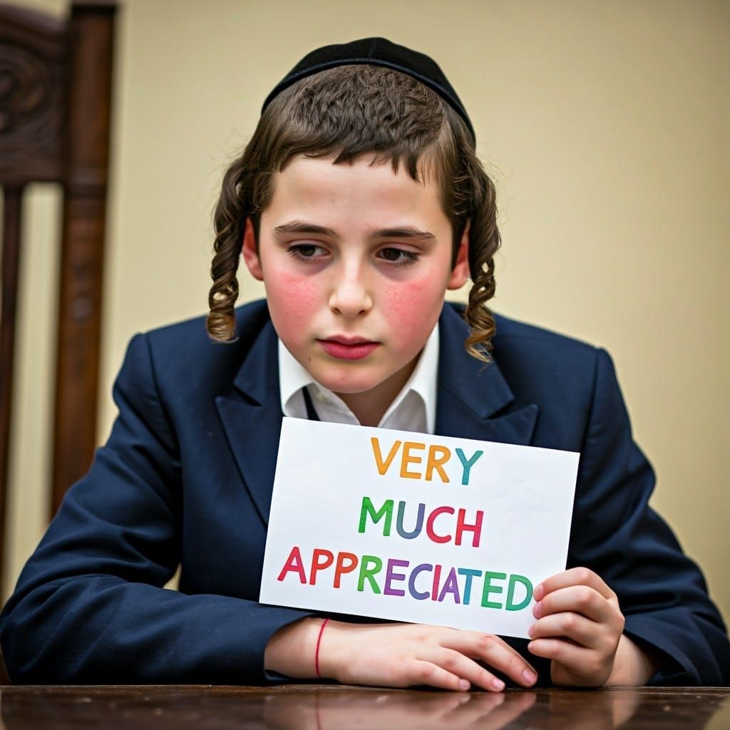 Ultra-Orthodox Boy Embarrassed with Gratitude Sign