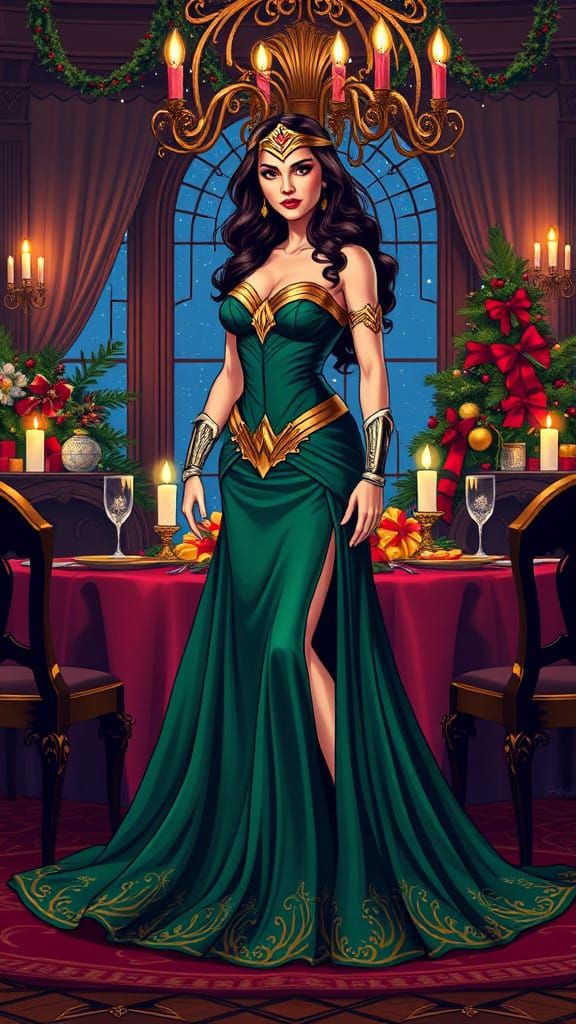 Wonder Woman in Emerald Green Evening Gown, Christmas Dinner