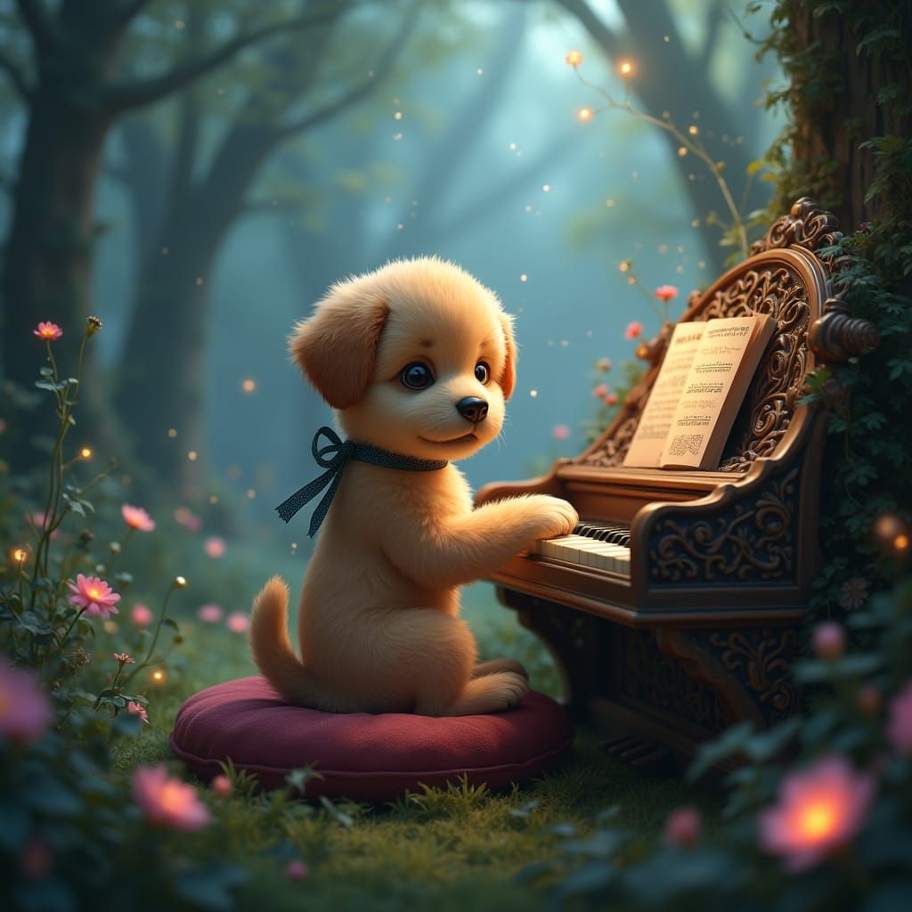 Whimsical Puppy Plays Enchanted Piano in Dreamlike Landscape